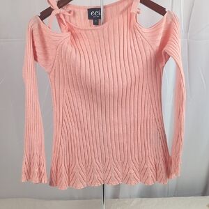 ECI Peach Ribbed Off-Shoulder Tie-Strap Sweater